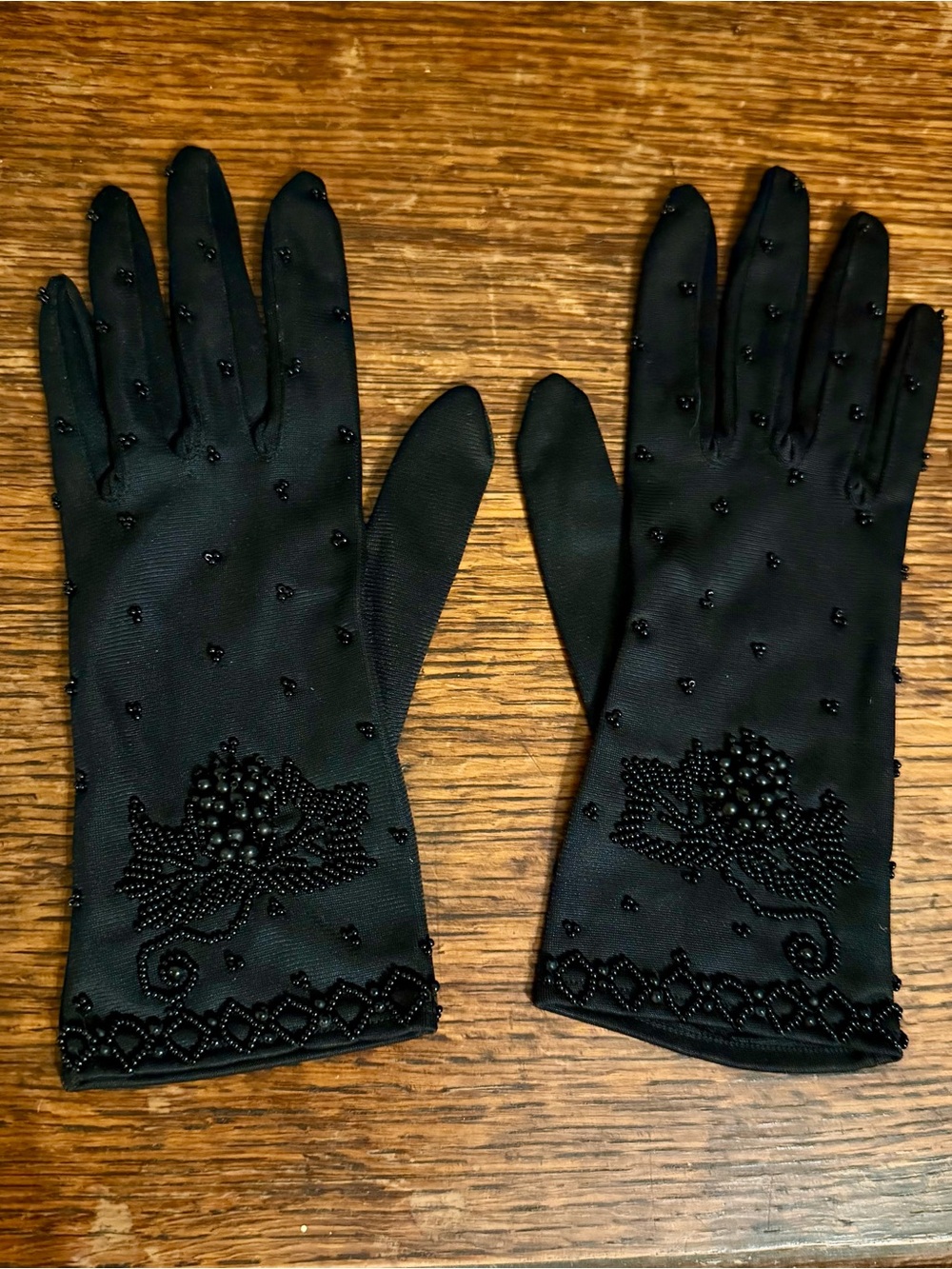 Elegant Vintage Black Satin Beaded Gloves